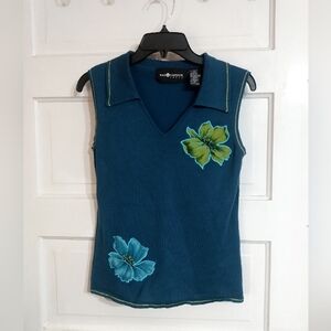 Sag Harbor Teal Tank Sleeveless Floral Embroidered Top